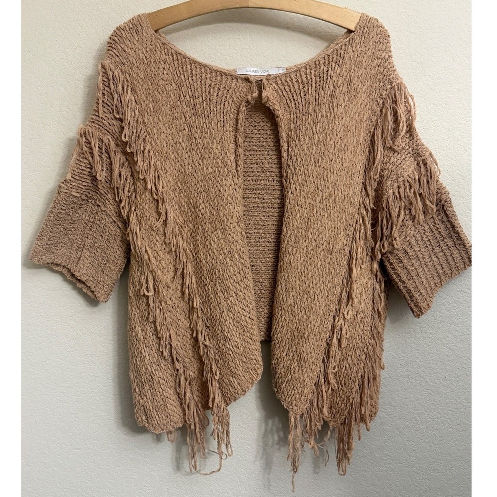 Lauren Vidal Tan Open Knit Fringe Cardigan Shrug‎ Made in Italy Women's  Small